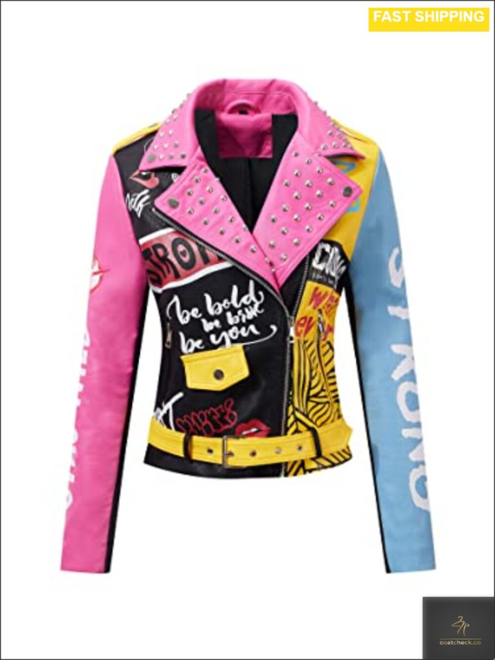 Faux Leather Moto Jacket Studded Belted Slim Fit Biker Coat